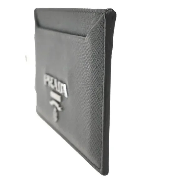 PRADA Logo Saffiano Card Holder Case Leather Gray Marmo 188-082825